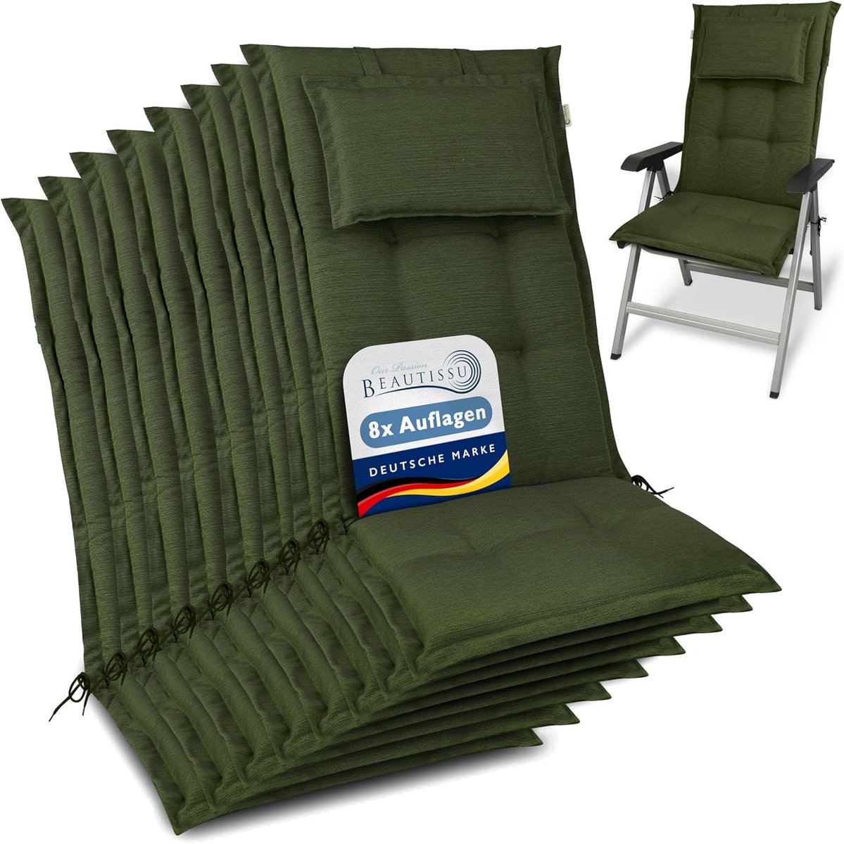 Beautissu HighLux HL – Set van 8 Tuinkussens Hoge Rug Kussen 120x50x7cm – Outdoor Zitkussen voor Tuinstoel Donkergroen