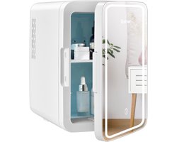 COSTWAY Mini koelkast, 10 L Draagbare AC / DC schoonheid koelkast met LED-spiegel, afneembare planken voor huidverzorging, make-up, drank, Compacte koelkast, Thermo-elektrische koeler / verwarming voor auto, slaapkamer