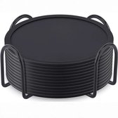 Set de 12 sous-verres en verre - Dessous de verre en Siliconen , antidérapants, isothermes - Dessous de verre ronds en verre, noirs, avec support - Convient à tous types de tasses