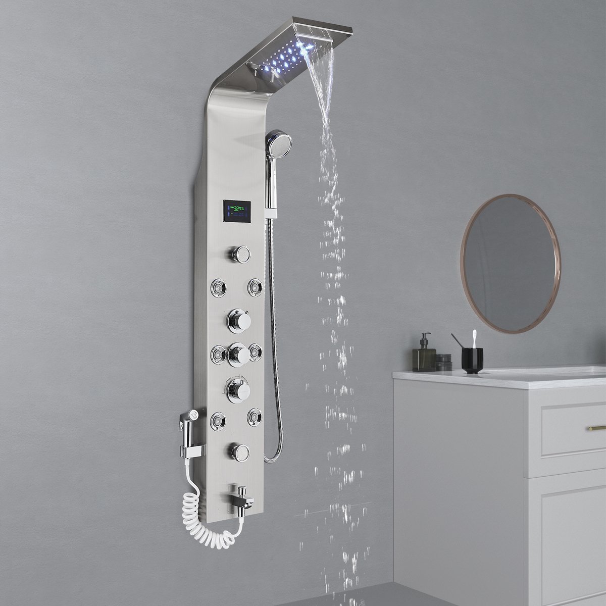 Badkamer Douchepaneel Torensysteem LED Temperatuur Display Body Massage Jets Douche Set Waterval Regendouche Hoofd 6 Functies Temperatuur Display