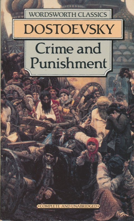 Boek 'Crime and Punishment' van Dostojevski, met een schilderij van een drukke menigte in historische kledij.