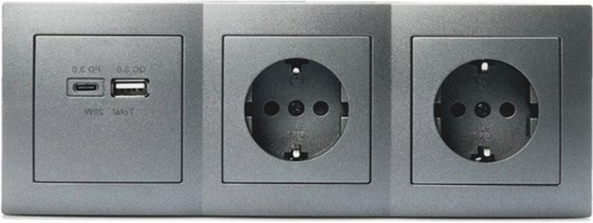 Thuys – Flair Opbouw Hoekstopcontact 2 – Voudig – Met USB-A/C – 15 cm kabel – Antraciet Mat – 250V/16A