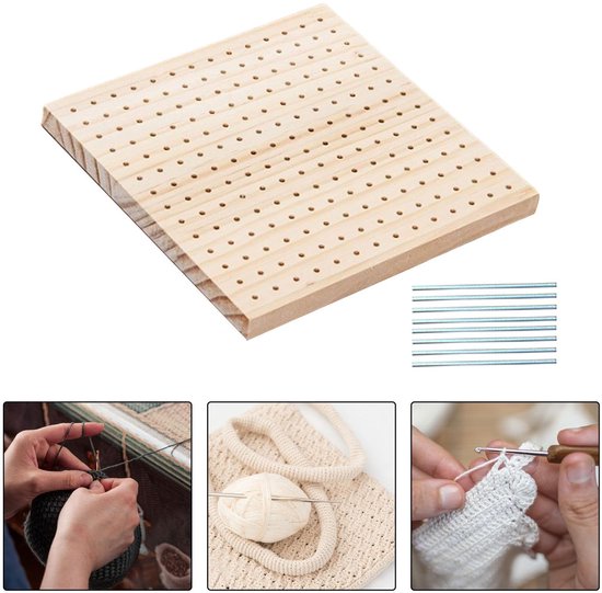 Haakblokker - Houten geweven blokker - DIY haken - Handgemaakte geweven blokkermat - 196 gaten - Met 8 roestvrijstalen strips - Vermindert overhangende stof - Voor haaksters en hobbyisten - Houtkleur