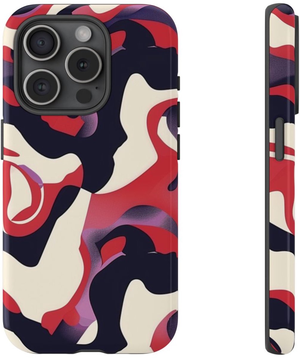 Abstract Rood-Zwart-Crème Patroon – Telefoonhoesje Geschikt voor iPhone 15 Pro