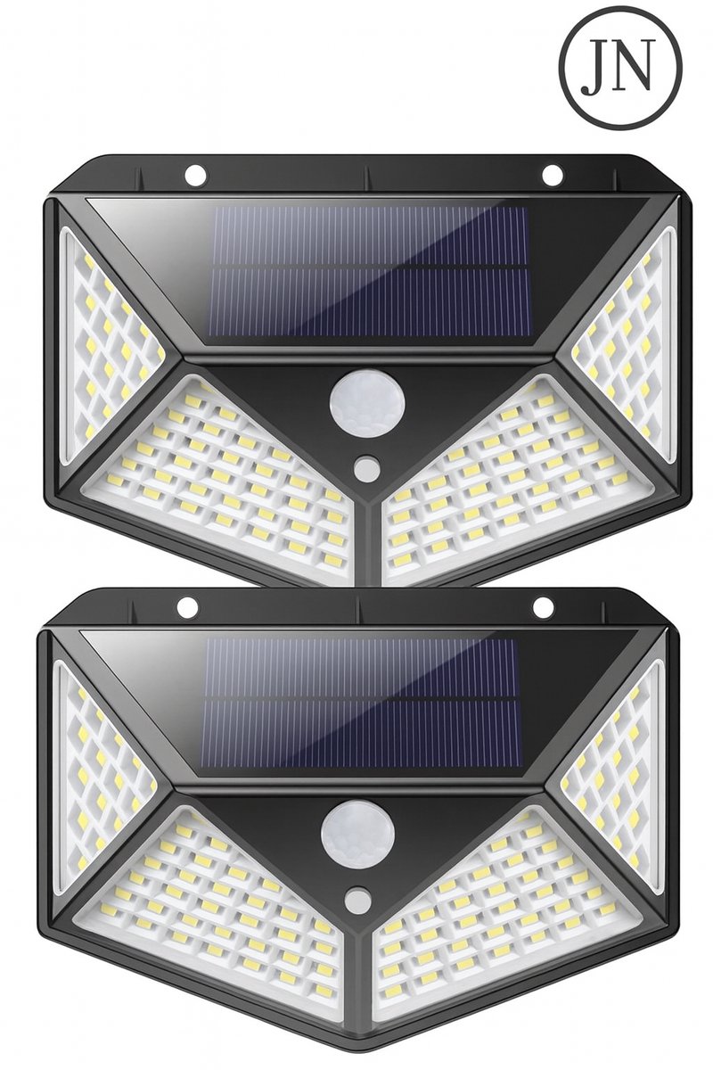 JN® Solar Tuinlamp Set – Buitenverlichting & Tuinverlichting met Bewegingssensor Buiten | 2×100 LED, 1000 Lumen, Waterdicht, Zonne-energie