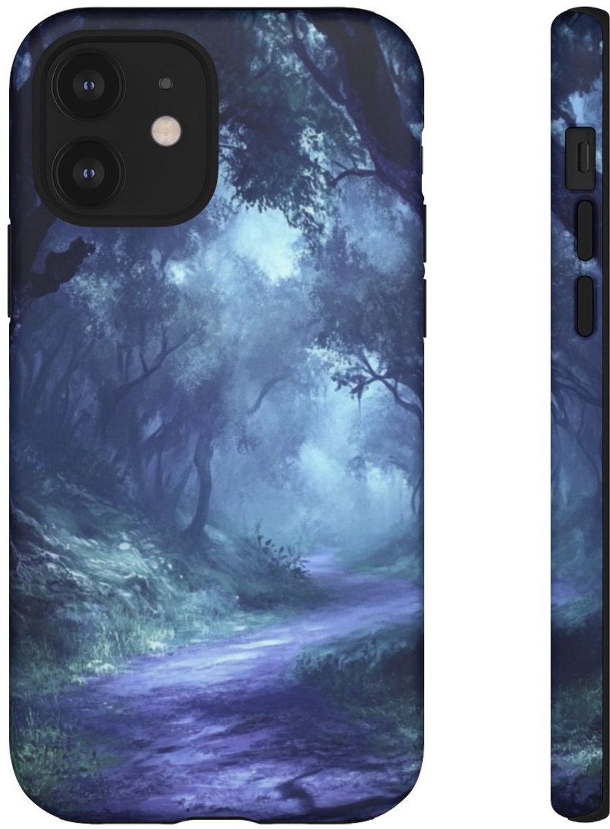 Mistig Bospad bij Schemering – Telefoonhoesje Geschikt voor iPhone 12