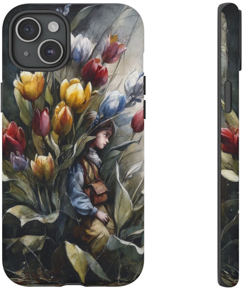Meisje Tussen Kleurrijke Tulpen – Telefoonhoesje Geschikt voor iPhone 15 Plus