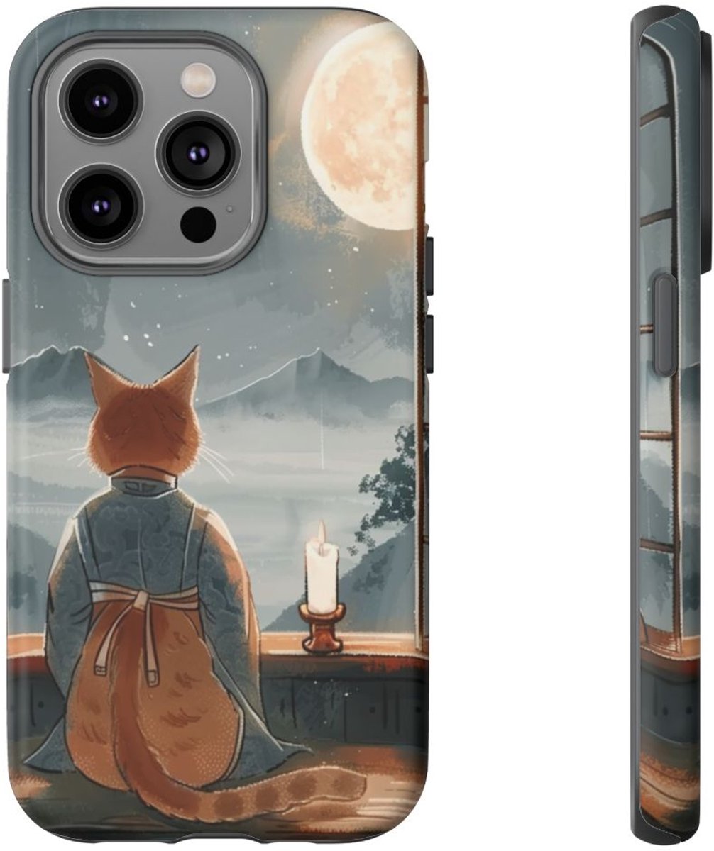 Kat in Traditioneel Gewaad bij Maanlicht – Telefoonhoesje Geschikt voor iPhone 14 Pro