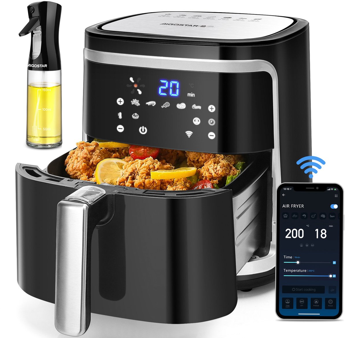 Aigostar Cube Smart - Airfryer XXL - Heteluchtfriteuse - 7 Liter - App Connect - 1900W - 360 Graden Hete Lucht Circulatie - 7 in 1 kookfuncties - Zwart