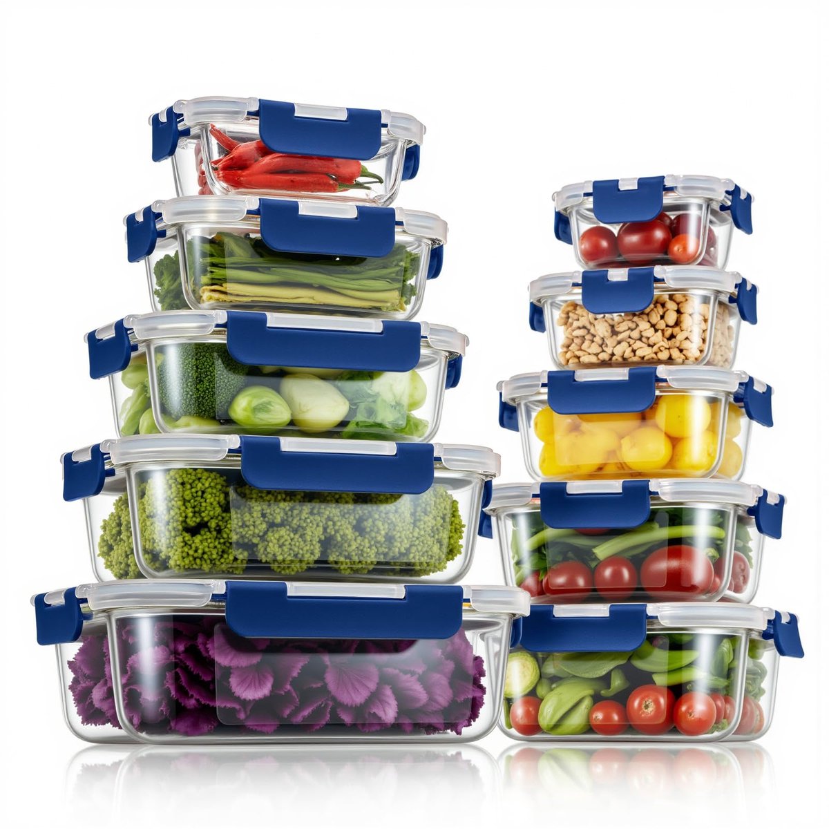 Glazen Voorraadbakkenset met Kunststof Deksel - Lekvrij, Herbruikbaar & BPA-vrij - Voor Fruit, Keuken en Restaurant - 10 Stuks - Blauw