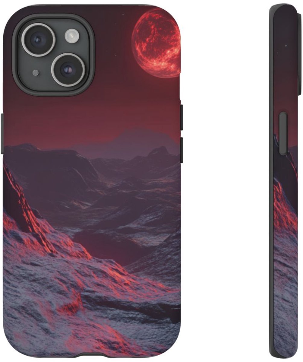 Rode Maanverlichte Bergen – Telefoonhoesje Geschikt voor iPhone 15