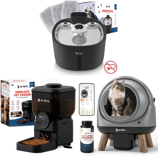 JC Pets Automatische Kattenbak 65L + Auto Voerbak 6,5L met Camera + Draadloze Drinkfontein – Zelfreinigend – App Bediening – Fluisterstil – Geschikt voor Meerdere Katten – Energiezuinig – Incl. Uitloopmat, Geurverdrijver & Filters