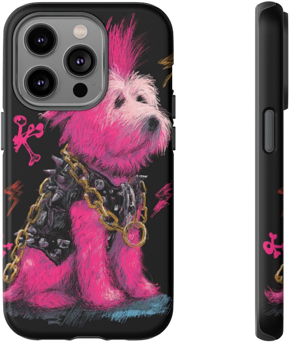 Punk Hond met Roze Hanenkam Illustratie – Telefoonhoesje Geschikt voor iPhone 14 Pro