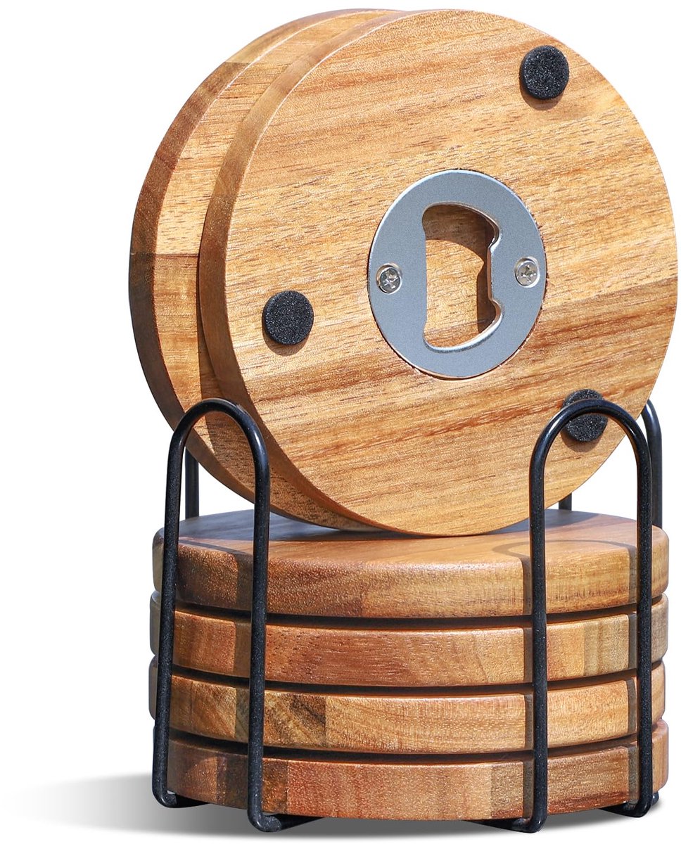 Houten Onderzetters - Set van 6 - Dranken Beschermen - Met Flesopener - 10 cm Diameter - Houtkleur