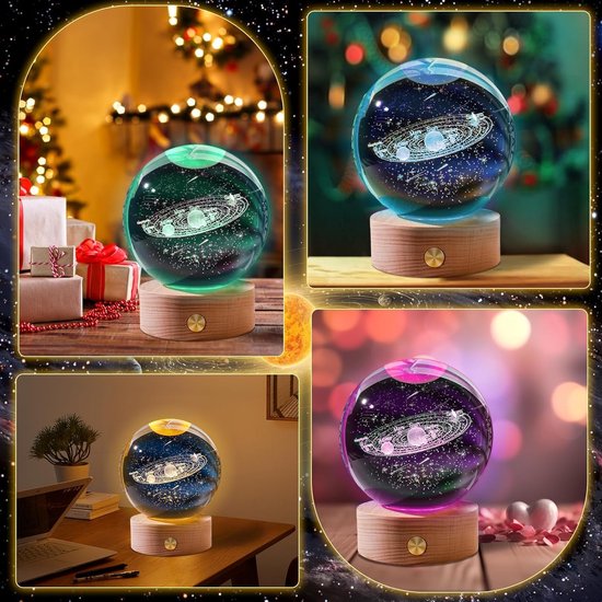 3D Crystal Ball Nachtlamp - Zonnestelsel Glasbal met USB Voeding - Kristallen Bal met LED Houten Basis voor Kerstmis - Thanksgiving - Valentijnsdag - Verjaardag - Thuisdecoratie van Atemio — afbeelding 2
