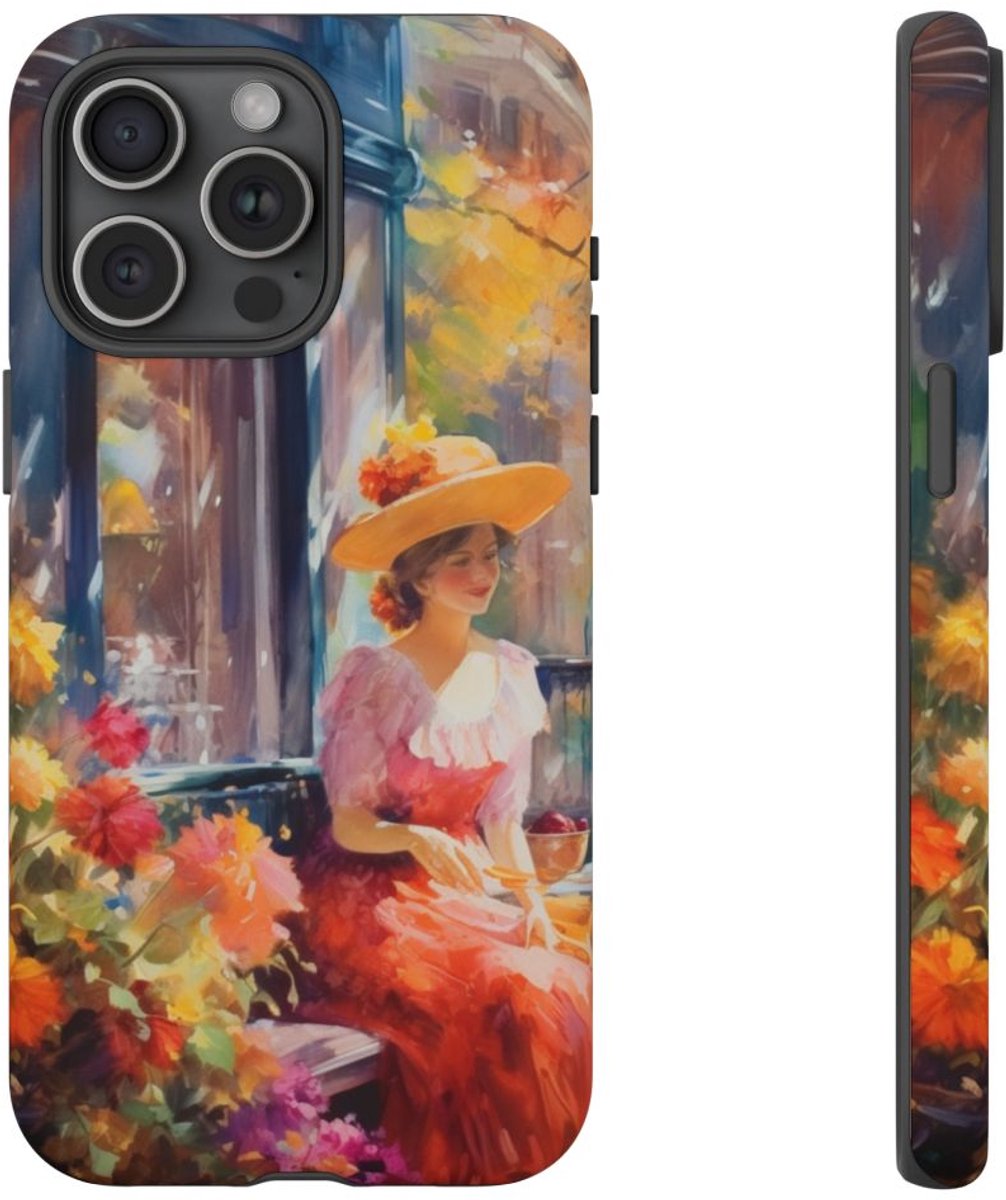 Elegante Vrouw in Bloementuin – Telefoonhoesje Geschikt voor iPhone 15 Pro Max