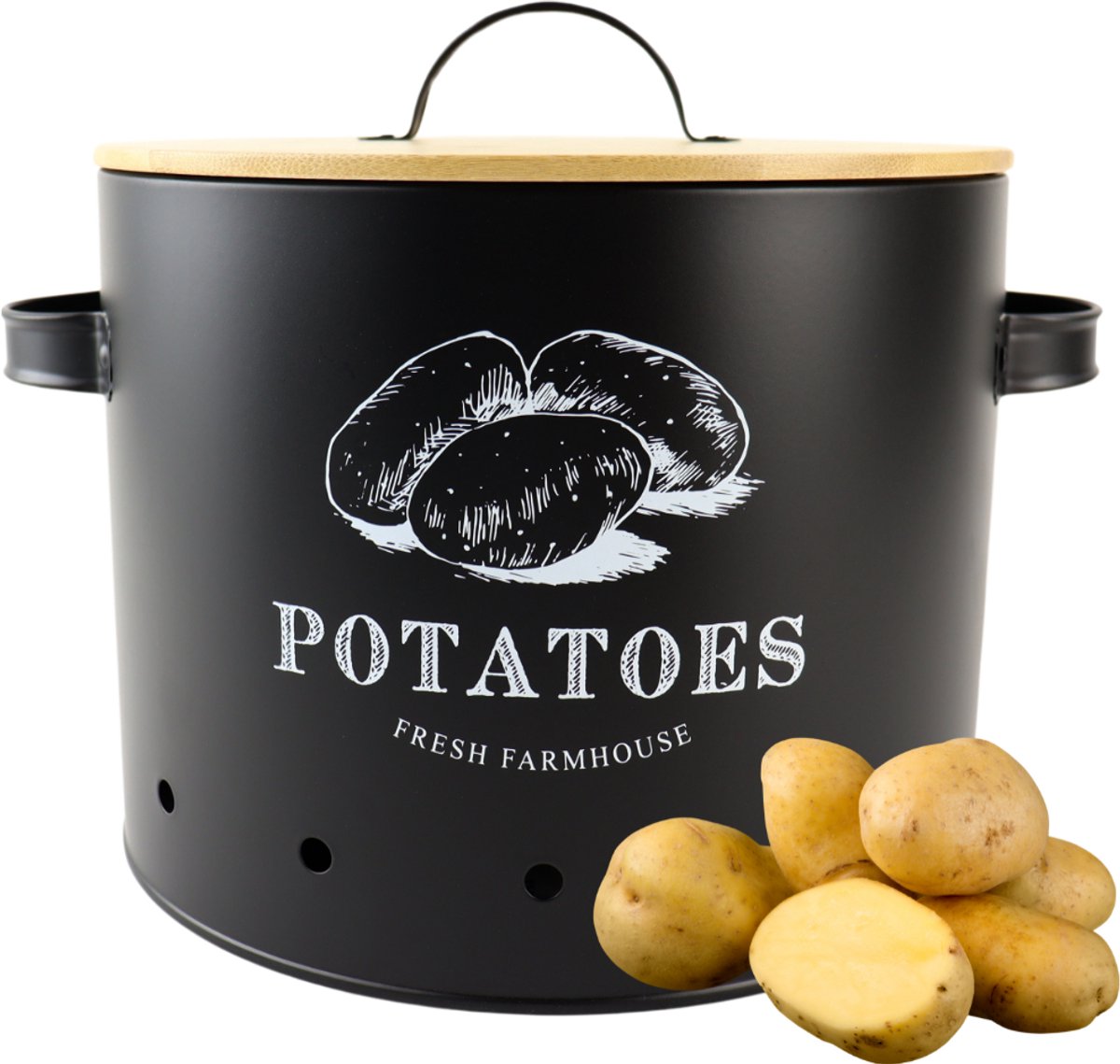 OTIX Aardappelbak - Zwart - Aardappel - Voorraadpot - Bewaarpot - met Deksel - Bamboe - Vooraadpotten - Metaal - ARIES