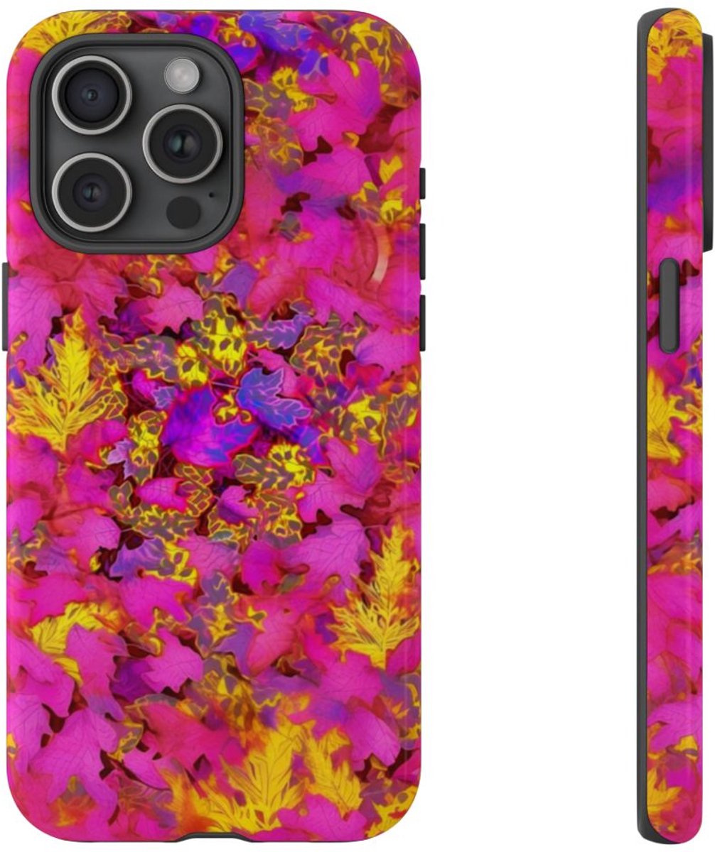 Levendig Roze-Geel Bladerenpatroon – Telefoonhoesje Geschikt voor iPhone 15 Pro Max