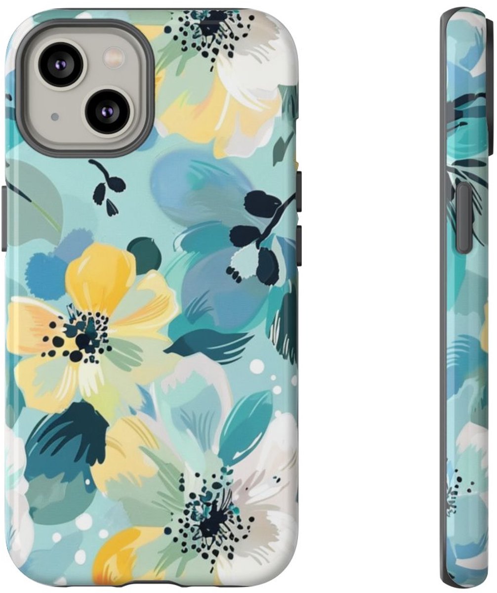Turquoise Bloemenpatroon met Stippen – Telefoonhoesje Geschikt voor iPhone 14