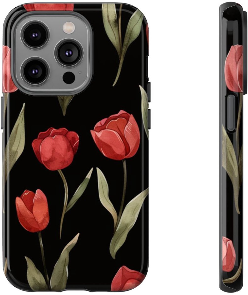Rode Tulp Bloemenpatroon – Telefoonhoesje Geschikt voor iPhone 14 Pro