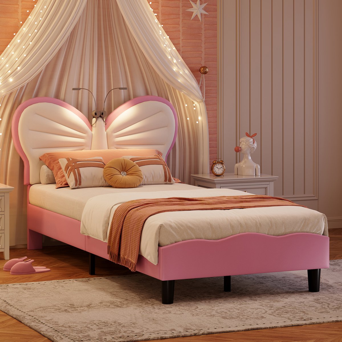 Kinderbed 90x200 cm, LED, tienerbed met lattenbodem, eenpersoonsbed, klassiek bed, kinderbed massief hout, roze