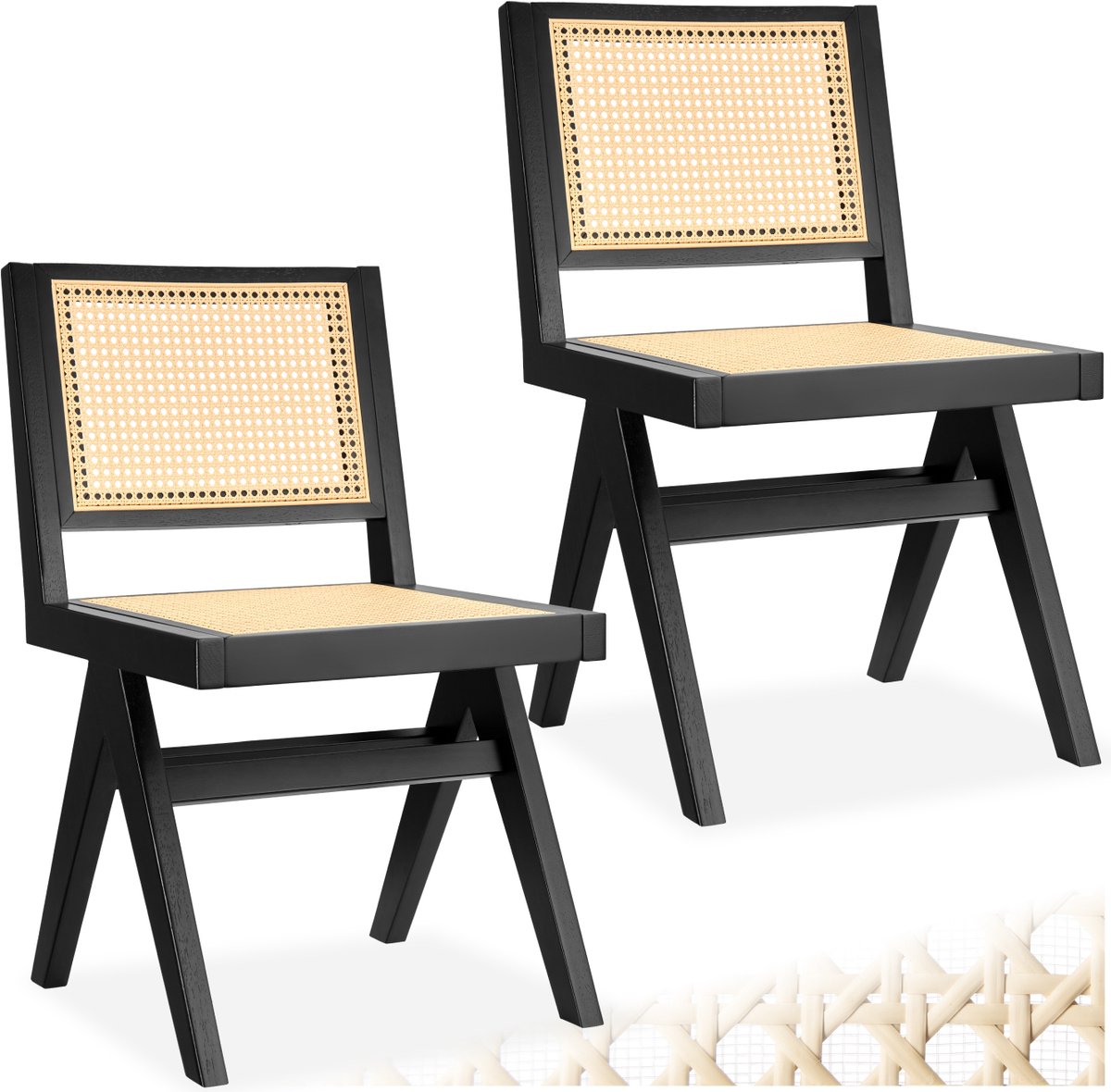 Tectake Houten Stoel Lizzy - Zwart - Set van 2 Eetkamerstoelen met Weens Vlechtwerk - Boho-Stijl Stoel met Rugleuning - Massief Houten Frame - Belastbaarheid 120 kg