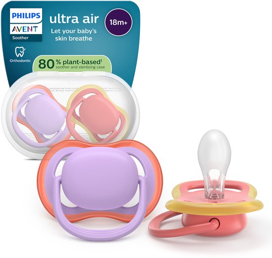 Sucettes Philips Avent Ultra Air avec étui. Une violette à bordure orange et une rose à bordure jaune.