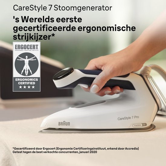 Hand houdt Braun CareStyle 7 Pro strijkijzer vast, 's werelds eerste gecertificeerde ergonomische strijkijzer.