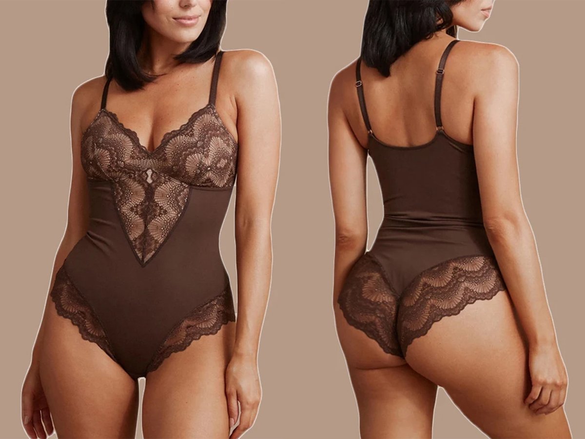 Shapewear bodysuit - bruin - lace / mesh - kant - stijlvol en sexy - elegant - corrigerend - comfortabel - rekbaar - korset - spandex / nylon - zandloperfiguur - shaping - bodystocking