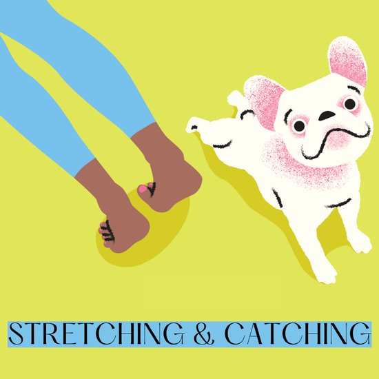 Illustratie van blauwe broek, blote voeten en een witte Franse bulldog met roze accenten.