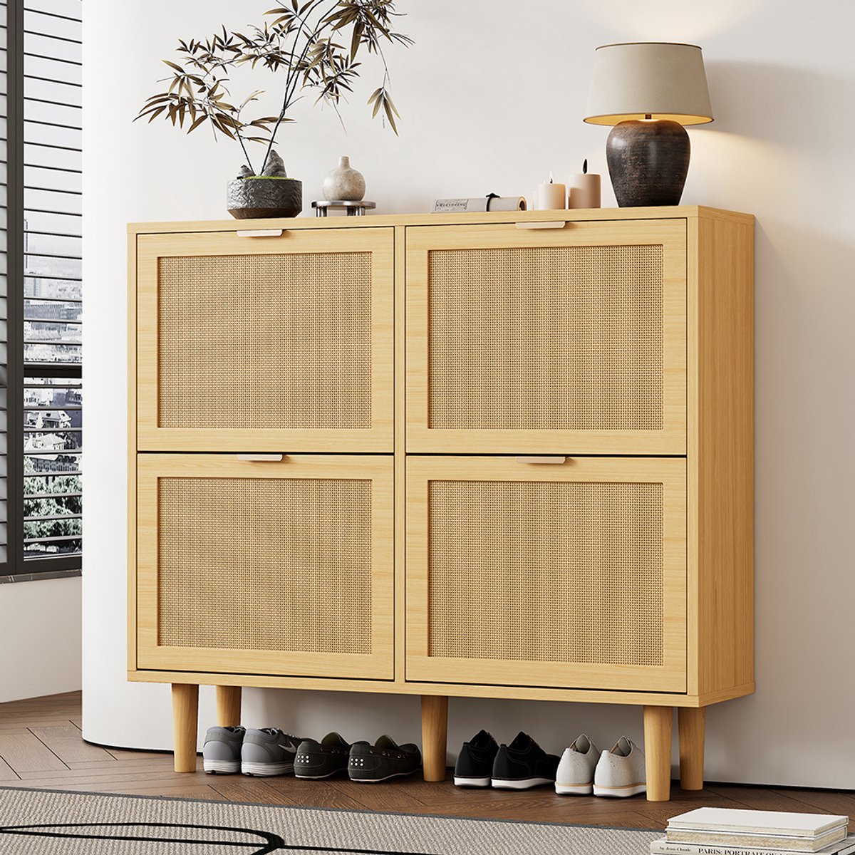 Komhtom Schoenenkast met 4 neerklapbare lades, rieten schoenenkast met metalen handgrepen, schoenenrek voor de gang, slaapkamer, appartement, houten meubels, cottage-stijl, afmetingen: 100 x 25 x 90 cm