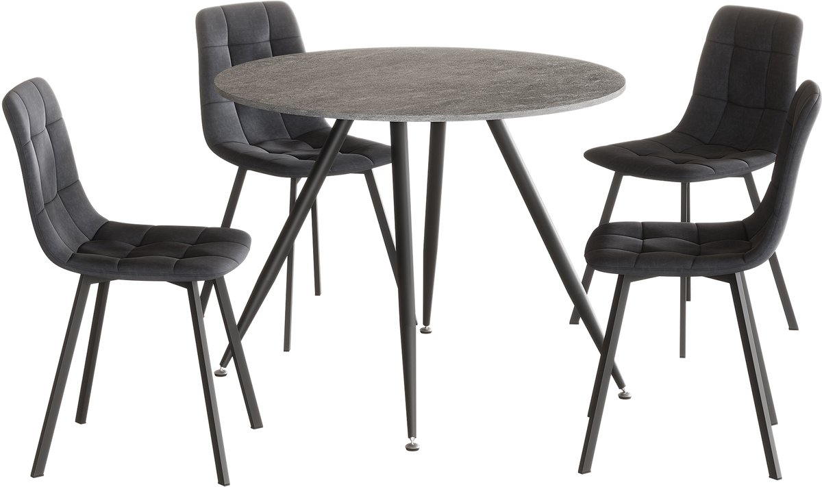 en.casa Eetkamerset Fitjar Ø100 cm met stoelen Lexnitz 5-delig [en.casa] betonkleurig, zwart, donkergrijs