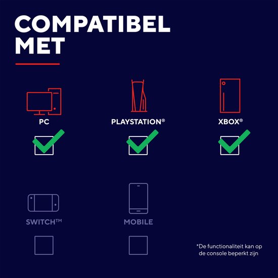 Compatibiliteitsschema: PC, PlayStation, Xbox zijn groen gemarkeerd. Switch en Mobiel zijn grijs.