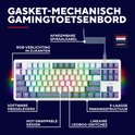 Diagram van een GXT 872 Xyra gaming toetsenbord, met QWERTY-indeling, RGB-verlichting, hot-swappable switches.