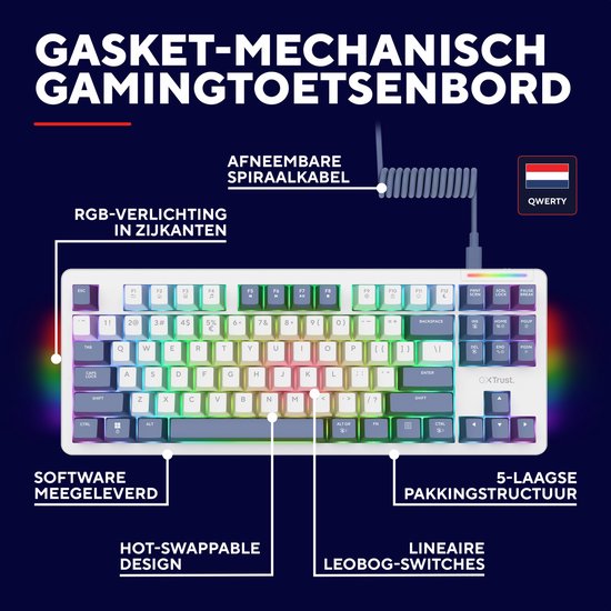 Diagram van een GXT 872 Xyra gaming toetsenbord, met QWERTY-indeling, RGB-verlichting, hot-swappable switches.