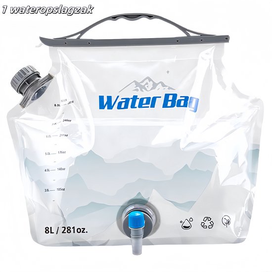 1 Camping Hydratatiezak met Kraan - Opvouwbare Watercontainer - Draagbaar - Geschikt voor Wandelen - 8L - Transparant
