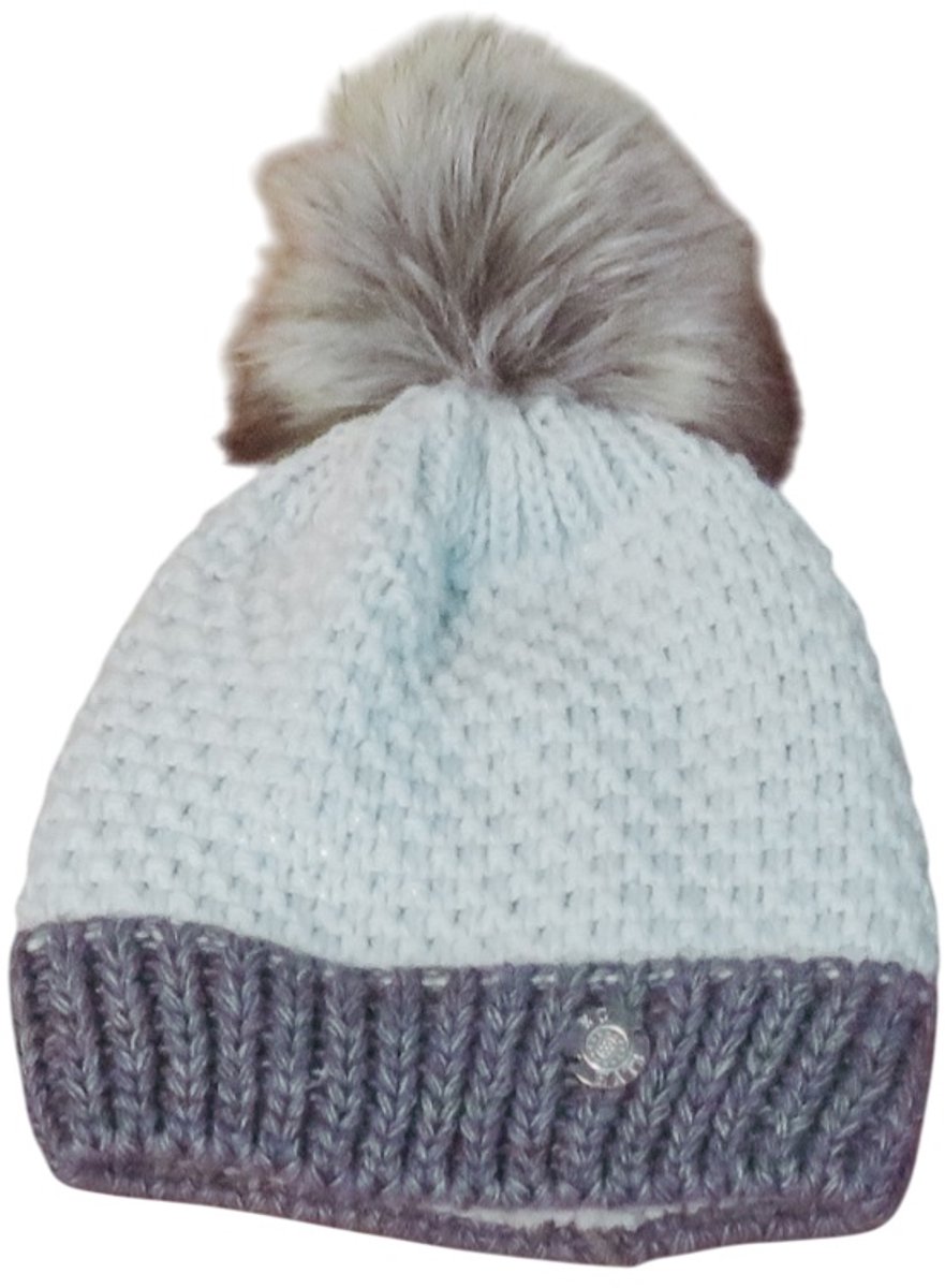 Twee kleurige dames muts met omslag en pompon - fleece en lurex