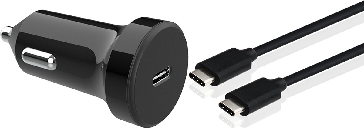 Bigben Connected, USB C autolader 18W Power Delivery USB C/USB C kabel, Zwart