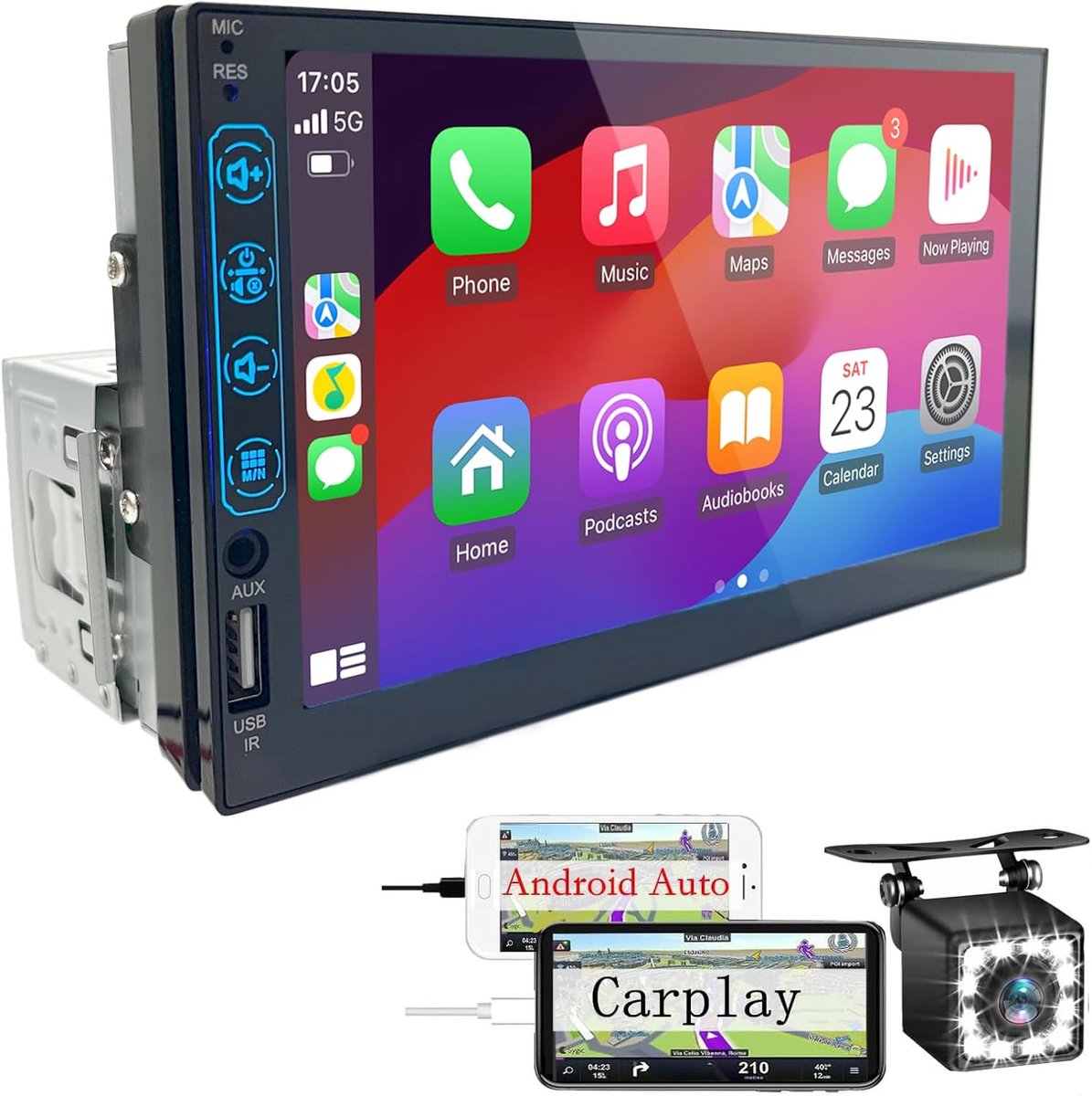 DIN Bluetooth autoradio met CarPlay en Android Auto - 7 inch HD touchscreen autoradio met Mirror Link iOS/Android/FM-radio/USB/EQ - autoradio met achteruitrijcamera
