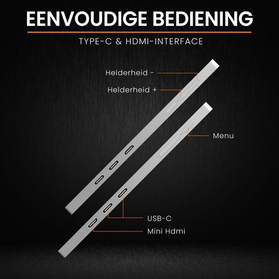 Zilverkleurige laptop, met de labels "Menu", "USB-C" en "Mini Hdmi". Met de labels "Helderheid -" en "Helderheid +" voor knoppen.