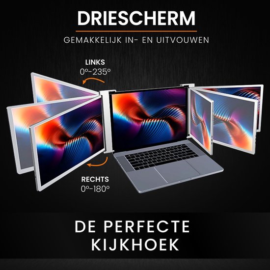 Drie 15,6" schermen naast een laptop. De schermen links en rechts kunnen 235° en 180° openklappen voor een perfecte kijkhoek.