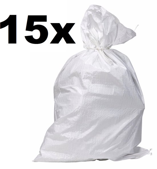 Een witte puin, met de tekst "15x" ernaast, vastgebonden met een koord.