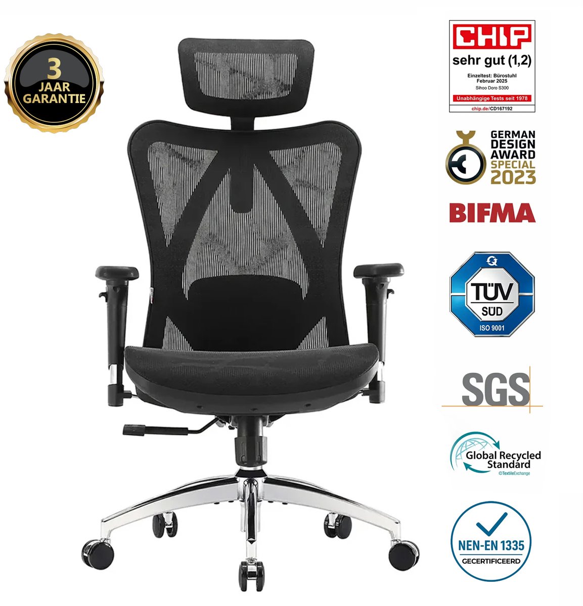 SIHOO M57 Ergonomische Bureaustoel met 3D-Armleuningen&Verstelbare Lendensteun-Premium Mesh Design voor Kantoor/Thuiswerken - 150kg Draagvermogen - 8cm Hoogteverstelling-3 Standen Kantelmechanisme (110°/116°/126°)-SGS/BIFMA Gecertificeerd——Zwart - SIHOO - €179,00