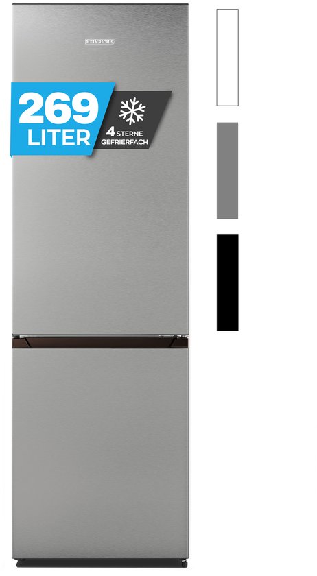 Heinrich’s HKS 3491 koel-vriescombinatie 269L inox, vrijstaand, stil 39 dB, energieklasse D, LED verlichting, 4 sterren vriesvak
