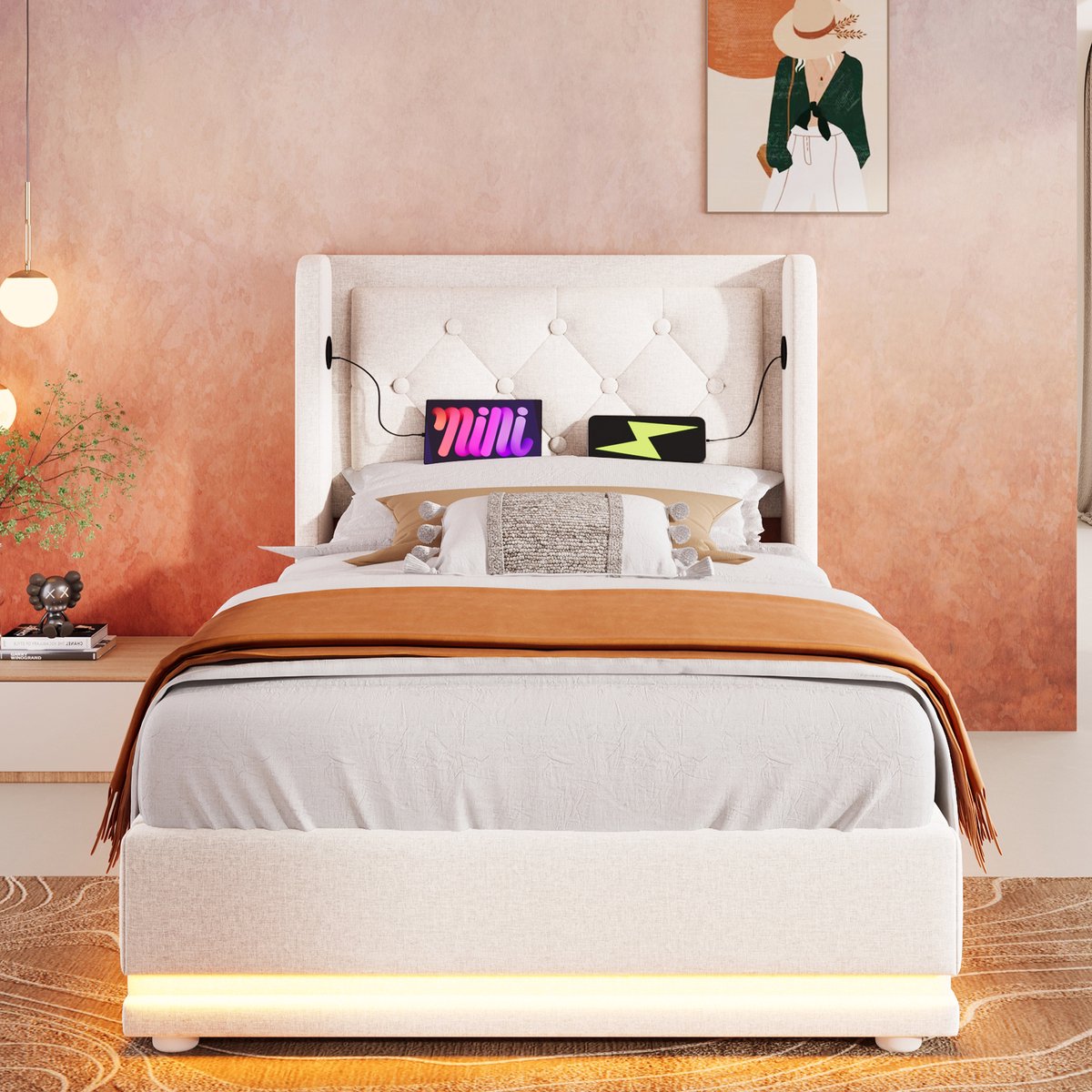 Merax Gestoffeerd bed eenpersoonsbed 90x200 cm met USB Type-C opladen met LED-verlichting - matras niet inbegrepen - beige - linnen