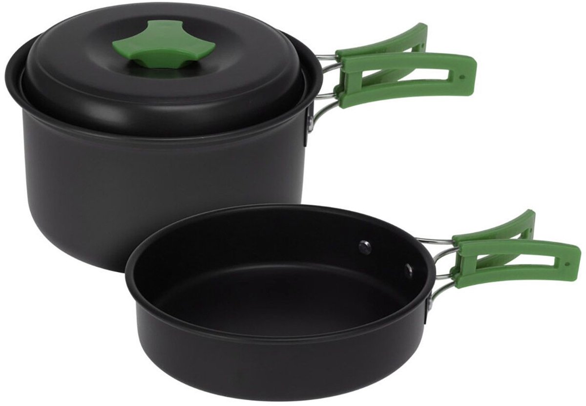 Redcliffs Outdoor Camping pannenset - 2x - aluminium/RVS - zwart/groen - kamperen