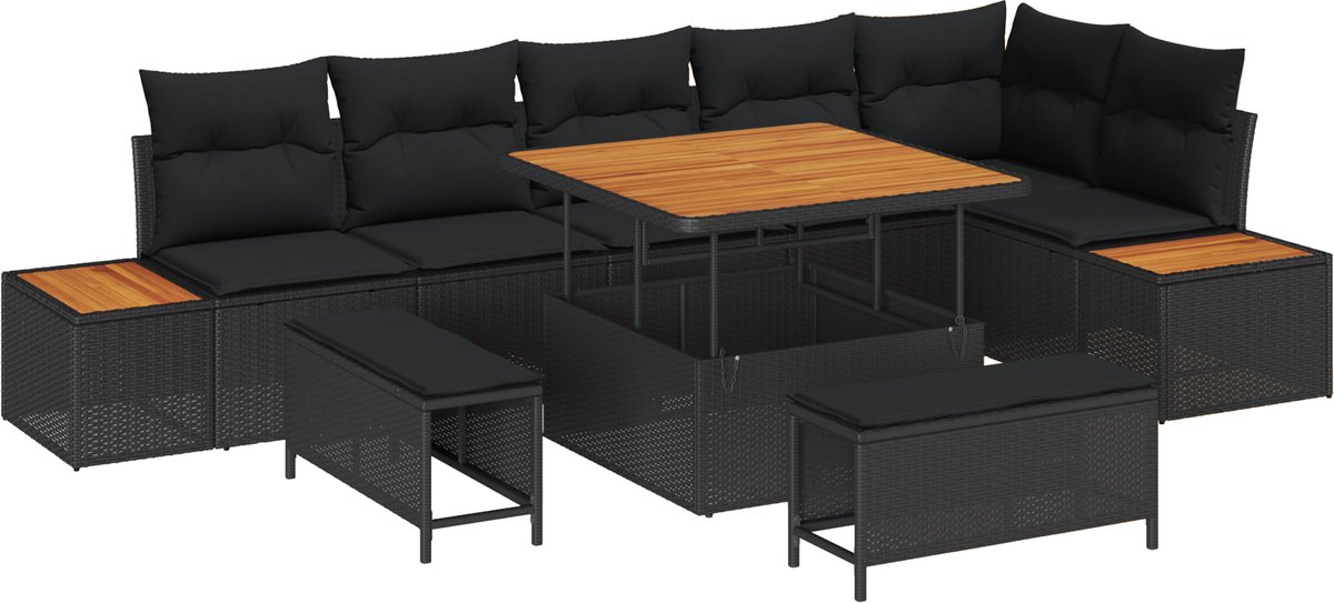 vidaXL - Tuinbank - Set - 9 - pcs - Zwart - poly - rattan