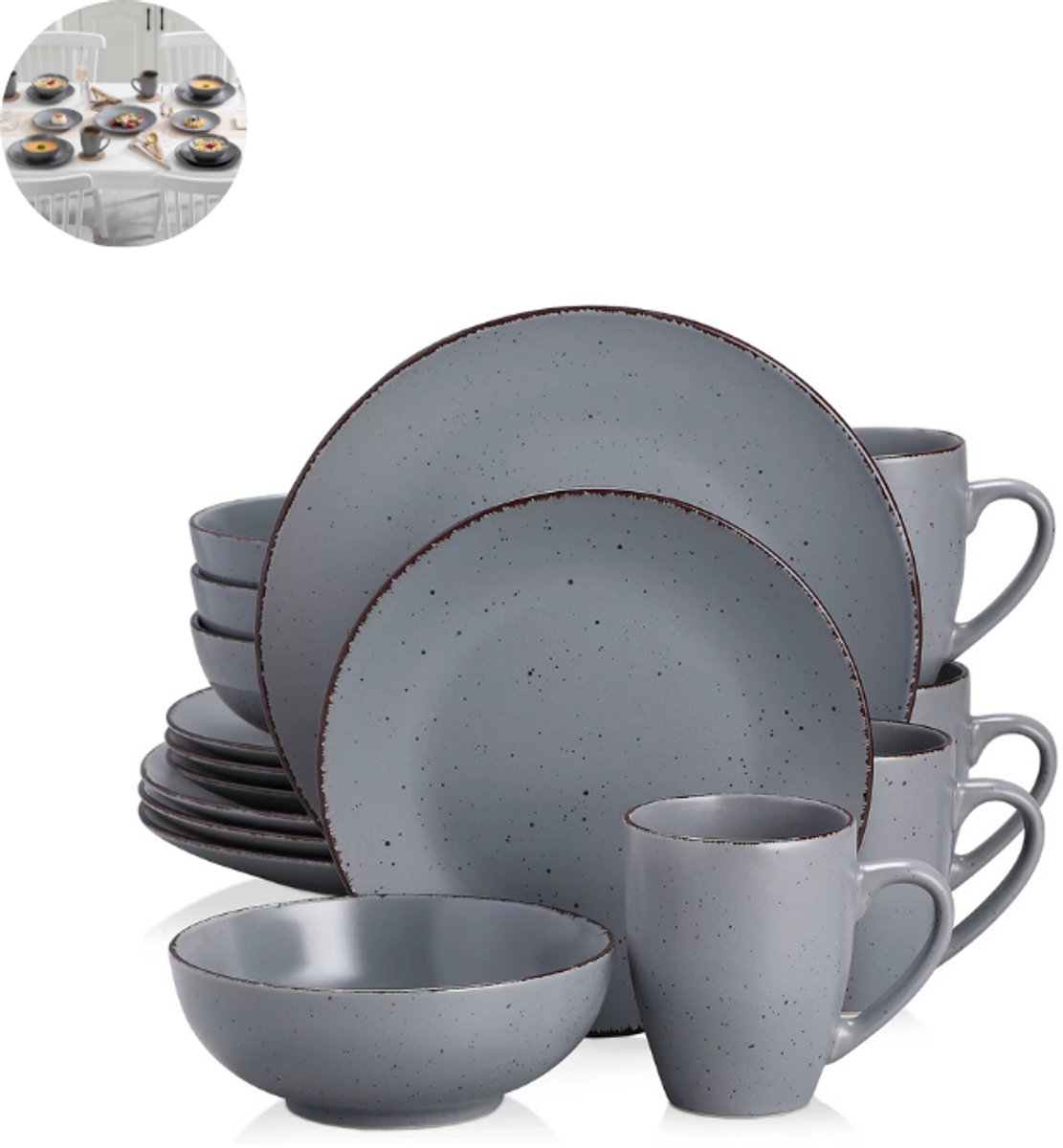 Luxe Serviesset – 16 delig – 4 persoons – Porselein - Bordenset – Dinner platen – Dessertborden - Kommen - Mokken - Grijs