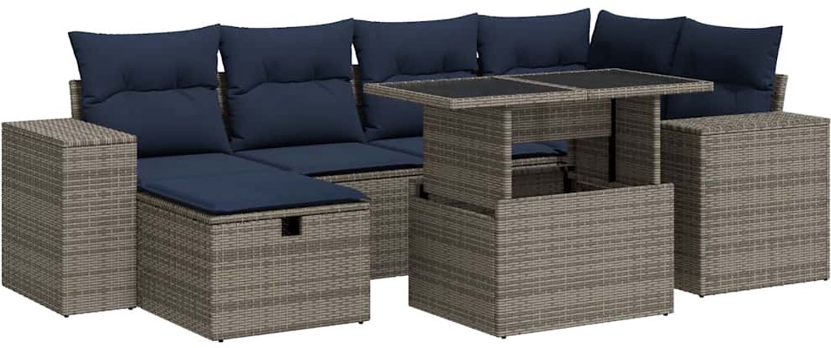 vidaXL 7-delige - Loungeset - met - kussens - poly - rattan - acacia - bruin Grijs