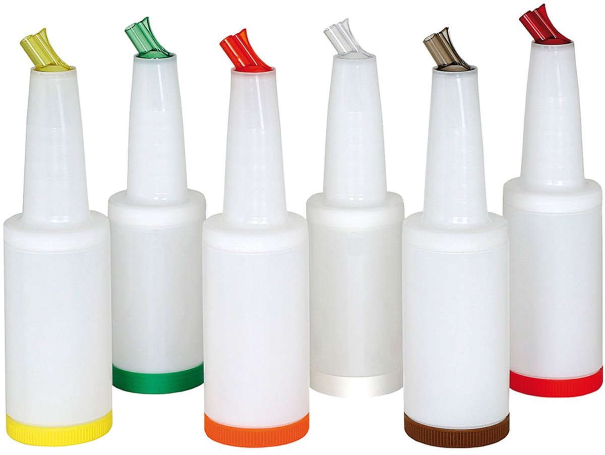 Save Pour Systeem - Plastic bar flessen, fles safe & pour - 1 liter, Kleuren groen. rood. oranje. geel. bruin: oranje